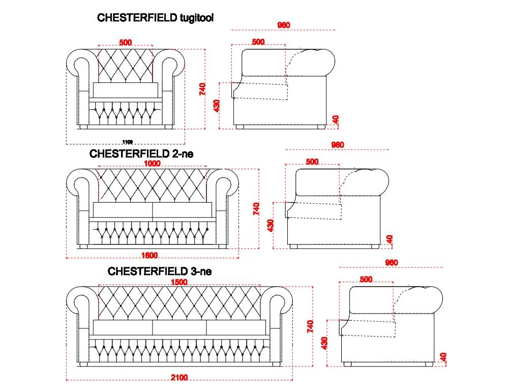 Diivan CHESTERFIELD 3-ne L:210cm SAMET